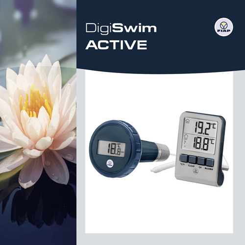 Die Anzeige zeigt zwei digitale Poolthermometer mit Temperaturen von 19,5 °C und 18,2 °C. Links daneben eine weiße Seerose.